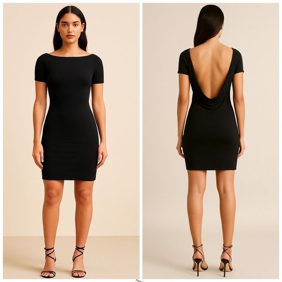 Revolve House of CB London Satin Short Sleeved bodycon Dress W/ Draped Cowl Back - Picture 1 of 13